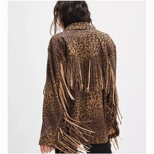 Free people We the free Leopard Print Fringe out vegan suede Jacket size XS NWOT